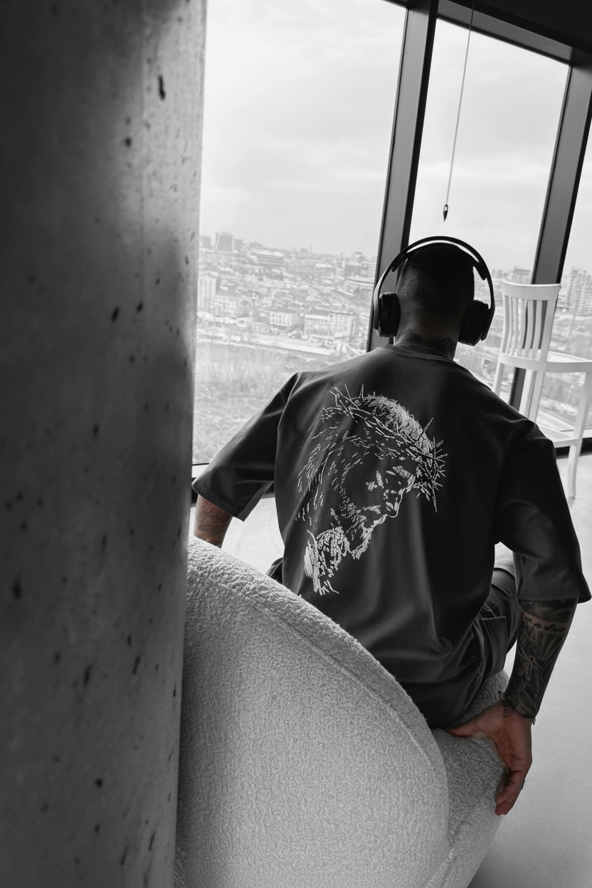 Jesus King T-shirt urban apartment photoshoot